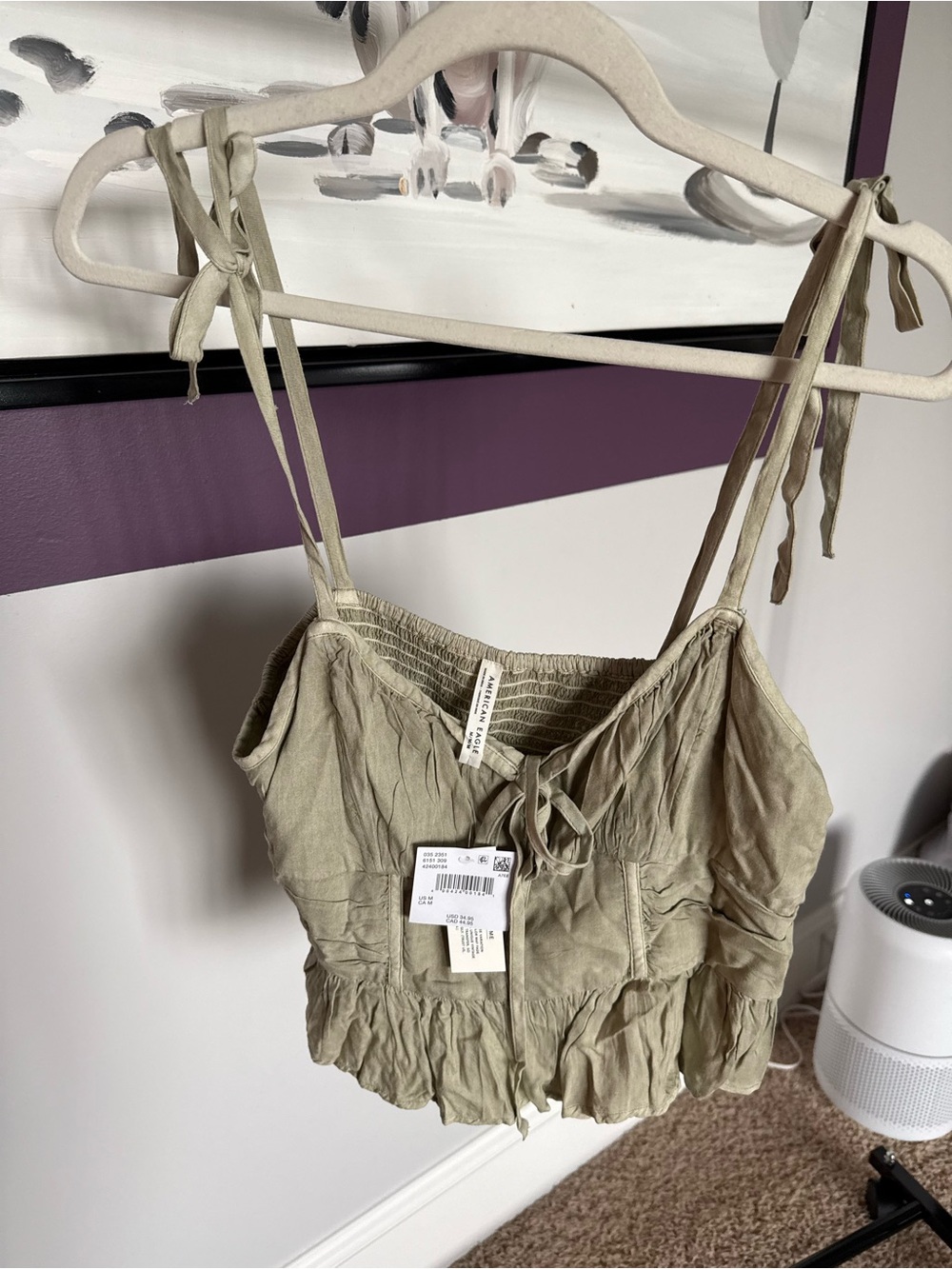 American Eagle Outfitters Olive Tie-Shoulder Smocked Cami